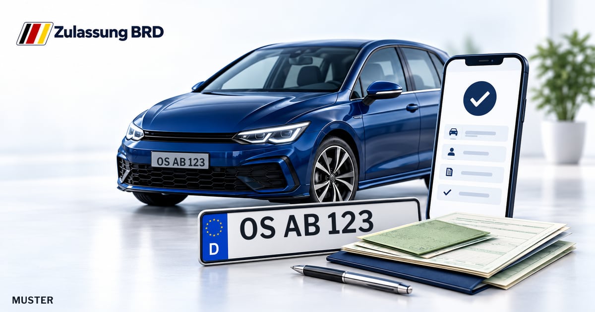 Online Fahrzeugzulassung in Bissendorf: Musterkennzeichen OS AB 123, Auto und Fahrzeugpapiere und Smartphone. Illustration mit Logo von Zulassung BRD.
